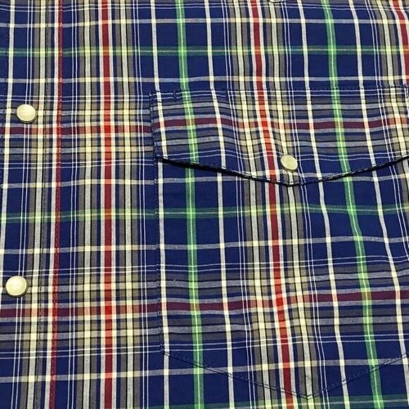 Wrangler Short Sleeve Button-Up Men's Large Blue Plaid Western Pearl Snap EUC - Picture 6 of 9